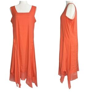 For Cynthia M Linen Dress‎ Lagenlook Pockets Asymmetrical Mesh Hem Square Neck